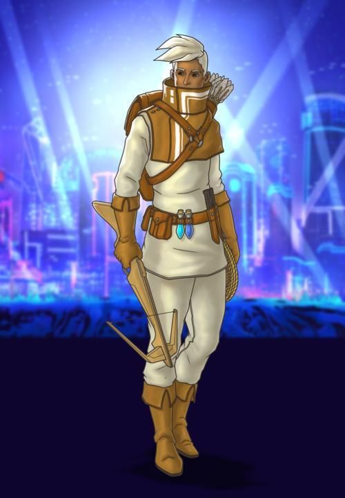 An Adept in sleek white and tan armor, equipped with a crossbow, quiver, and potions.